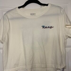 Roxy Womens Cream Graphic Crop Top Tee Retro Palm Tree Logo Size Medium